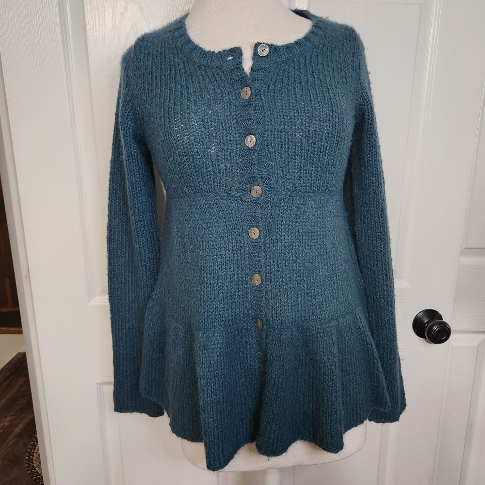 Free People Teal Blue Ruffle Hem Button-Up Cardigan